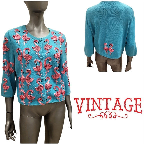 128B. Vtg. Michael Simon Flamingo Embroidered Teal Embellished Sweater - Size L - Picture 1 of 7